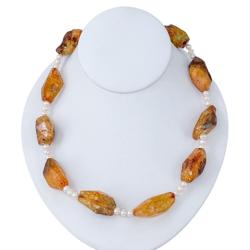 Vintage Natural Citrine Nugget Pearl Sterling Silver Clasp Necklace 19.5"